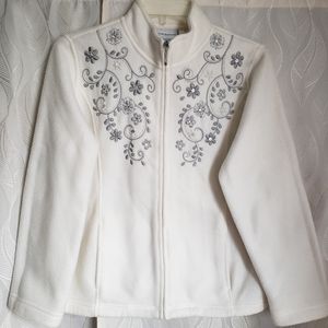 Alfred Dunner White Embroidered Floral Beaded Mockneck Zipper Sweater